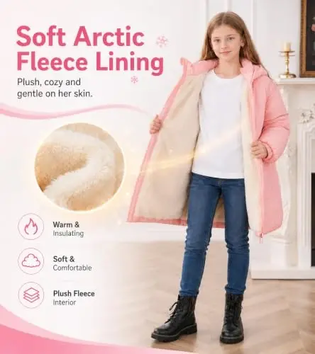 UNIFACO Girls Winter Coat Fleece Lined Long Hooded Puffer Jacket 5-12Y | Windproof and Heavyweight, Warm Longline Coverage with Arctic Fleece and High Collar, for School, Travel and Outdoor Play - 3