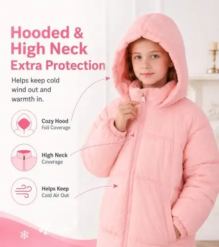 UNIFACO Girls Winter Coat Fleece Lined Long Hooded Puffer Jacket 5-12Y | Windproof and Heavyweight, Warm Longline Coverage with Arctic Fleece and High Collar, for School, Travel and Outdoor Play - 4