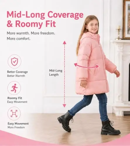 UNIFACO Girls Winter Coat Fleece Lined Long Hooded Puffer Jacket 5-12Y | Windproof and Heavyweight, Warm Longline Coverage with Arctic Fleece and High Collar, for School, Travel and Outdoor Play - 5