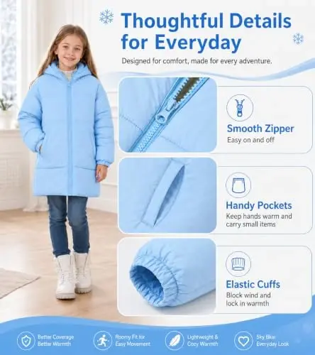 UNIFACO Girls Winter Coat Fleece Lined Long Hooded Puffer Jacket 5-12Y | Windproof and Heavyweight, Warm Longline Coverage with Arctic Fleece and High Collar, for School, Travel and Outdoor Play - 2