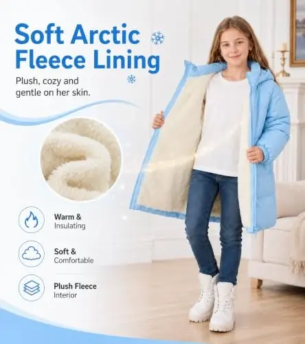 UNIFACO Girls Winter Coat Fleece Lined Long Hooded Puffer Jacket 5-12Y | Windproof and Heavyweight, Warm Longline Coverage with Arctic Fleece and High Collar, for School, Travel and Outdoor Play - 3