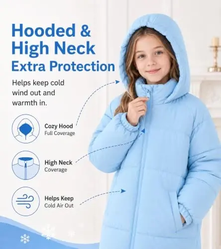 UNIFACO Girls Winter Coat Fleece Lined Long Hooded Puffer Jacket 5-12Y | Windproof and Heavyweight, Warm Longline Coverage with Arctic Fleece and High Collar, for School, Travel and Outdoor Play - 4