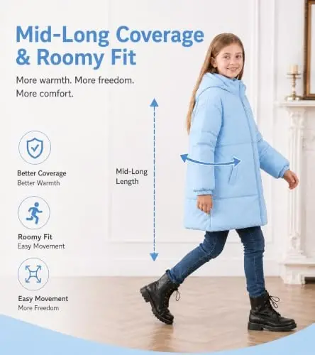 UNIFACO Girls Winter Coat Fleece Lined Long Hooded Puffer Jacket 5-12Y | Windproof and Heavyweight, Warm Longline Coverage with Arctic Fleece and High Collar, for School, Travel and Outdoor Play - 5