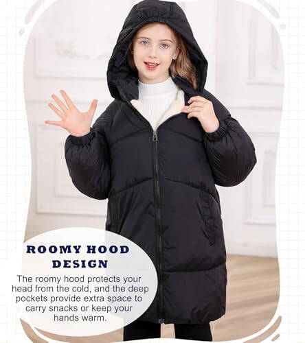 UNIFACO Girls Winter Coats Hooded Puffer Jackets Medium Length Down-like Cotton Coats Snow Outwear 5-12Y - 3