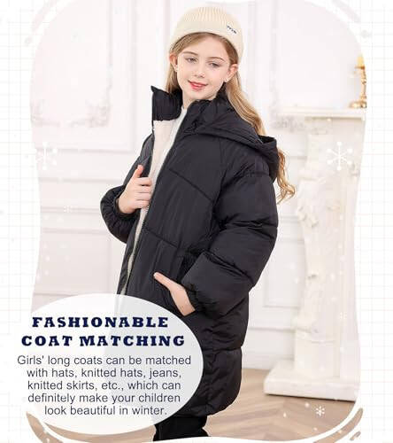 UNIFACO Girls Winter Coats Hooded Puffer Jackets Medium Length Down-like Cotton Coats Snow Outwear 5-12Y - 4