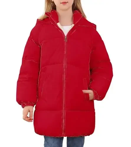 UNIFACO Girls Winter Coats Hooded Puffer Jackets Medium Length Down-like Cotton Coats Snow Outwear 5-12Y - UNIFACO