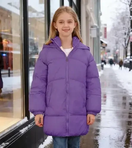 UNIFACO Girls Winter Coats Hooded Puffer Jackets Medium Length Down-like Cotton Coats Snow Outwear 5-12Y - 3