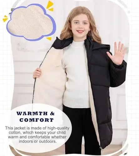 UNIFACO Girls Winter Coats Hooded Puffer Jackets Medium Length Down-like Cotton Coats Snow Outwear 5-12Y - 2