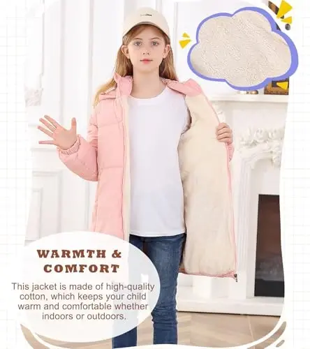 UNIFACO Girls Winter Coats Hooded Puffer Jackets Medium Length Down-like Cotton Coats Snow Outwear 5-12Y - 3