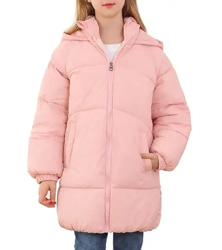 UNIFACO Girls Winter Coats Hooded Puffer Jackets Medium Length Down-like Cotton Coats Snow Outwear 5-12Y 