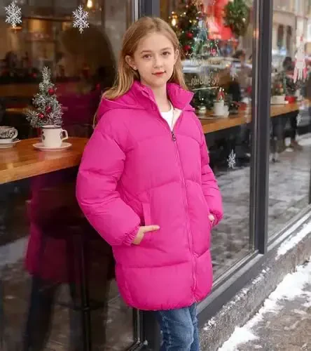 UNIFACO Girls Winter Coats Hooded Puffer Jackets Medium Length Down-like Cotton Coats Snow Outwear 5-12Y - UNIFACO (1)