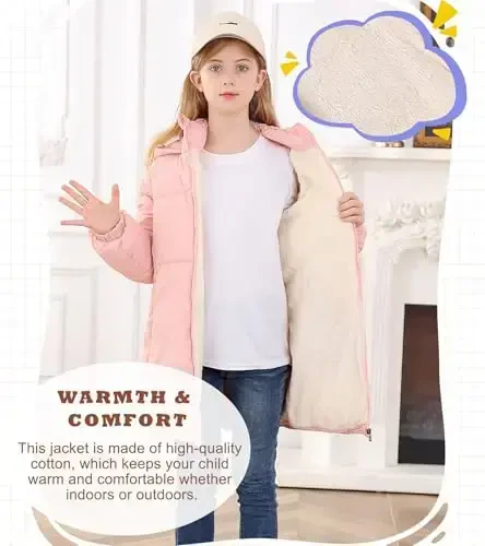 UNIFACO Qizlar Qishki Palto Hooded Puffer Kurtkalar O'rta Uzunlikdagi Paxta Kurtkalar Qor Tashqi Kiyimlari 5-12Y - 3