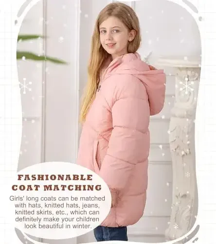 UNIFACO Qizlar Qishki Palto Hooded Puffer Kurtkalar O'rta Uzunlikdagi Paxta Kurtkalar Qor Tashqi Kiyimlari 5-12Y - 4