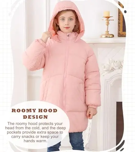 UNIFACO Qizlar Qishki Palto Hooded Puffer Kurtkalar O'rta Uzunlikdagi Paxta Kurtkalar Qor Tashqi Kiyimlari 5-12Y - 5