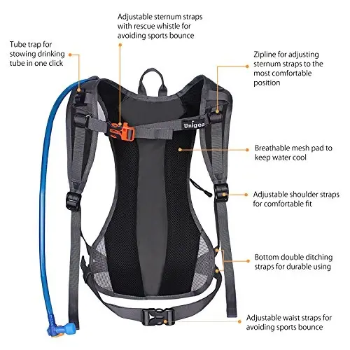 Unigear Hydration Pack Backpack yugurish, piyoda sayr qilish, velosipedda yurish, toqqa chiqish, lager, velosipedda yurish uchun 70 oz 2L suv qopi bilan - 3