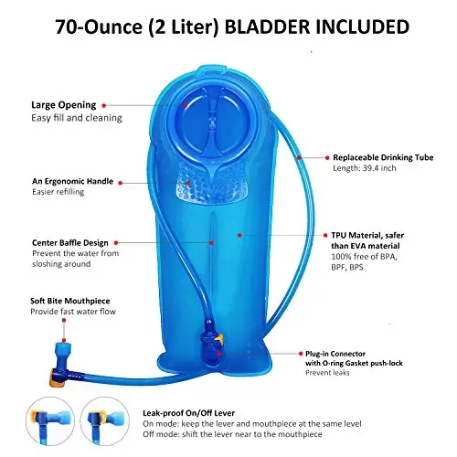 Unigear Hydration Pack Backpack yugurish, piyoda sayr qilish, velosipedda yurish, toqqa chiqish, lager, velosipedda yurish uchun 70 oz 2L suv qopi bilan - 4