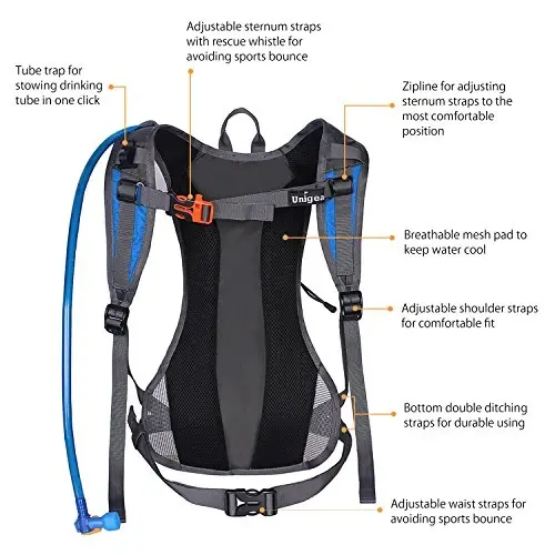 Unigear Hydration Pack Backpack yugurish, sayohat, velosipedda yurish, toqqa chiqish, camping, velosipedda sayr qilish uchun 70 oz 2L suv qopi bilan - 3
