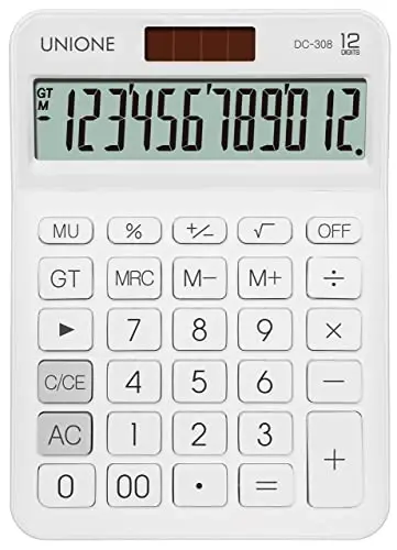 UNIONE Big Size Calculator with a Bright LCD, Dual Power Handheld Desktop. Color. Business, Office, High School 5×7in (WHITE) - 1