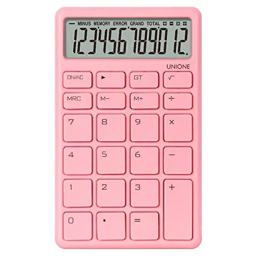 UNIONE Pocket & Desktop Pink Calculator with a Bright LCD, Dual Power Handheld Desktop. Color. Business, Office, High School - 1