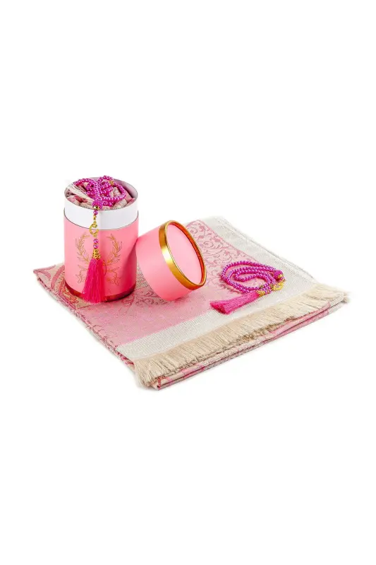 Unique Cylinder Boxed Tasbeeh and Prayer Rug Set - Pink Color - 7