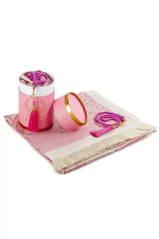 Unique Cylinder Boxed Tasbeeh and Prayer Rug Set - Pink Color - İHVAN
