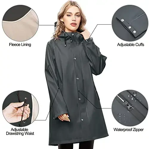 UNIQUEBELLA Rain Jackets for Women Waterproof, Raincoat Long Hooded Rain Coats Outdoor Windbreaker Trench Coat - 2