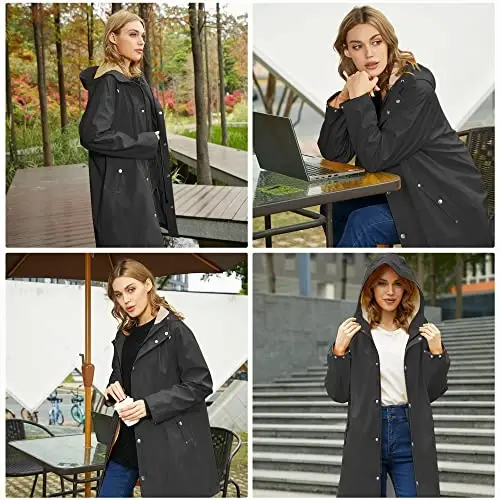 UNIQUEBELLA Rain Jackets for Women Waterproof, Raincoat Long Hooded Rain Coats Outdoor Windbreaker Trench Coat - 5