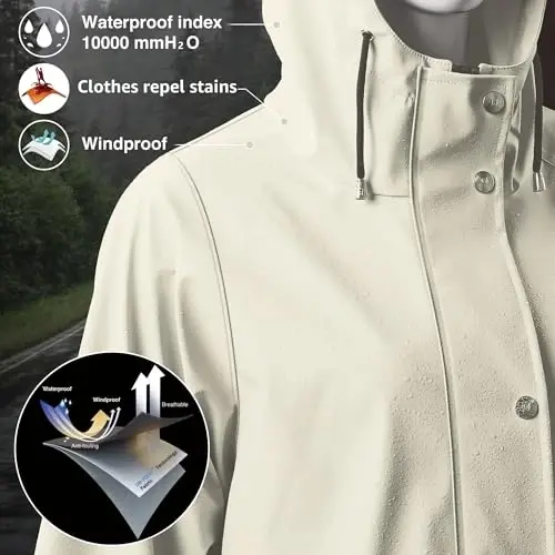 UNIQUEBELLA Rain Jackets for Women Waterproof, Raincoat Long Hooded Rain Coats Outdoor Windbreaker Trench Coat - 3