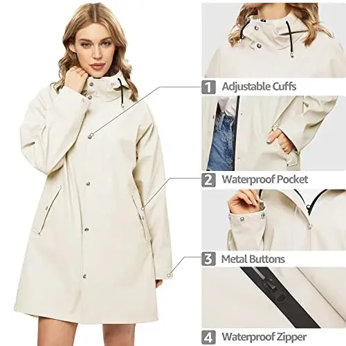 UNIQUEBELLA Rain Jackets for Women Waterproof, Raincoat Long Hooded Rain Coats Outdoor Windbreaker Trench Coat - 4