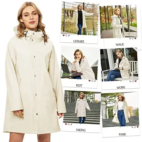 UNIQUEBELLA Rain Jackets for Women Waterproof, Raincoat Long Hooded Rain Coats Outdoor Windbreaker Trench Coat - 5