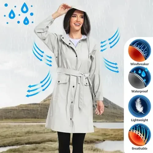 UNIQUEBELLA Rain Jackets for Women Waterproof, Raincoat Long Hooded Rain Coats Outdoor Windbreaker Trench Coat - 4