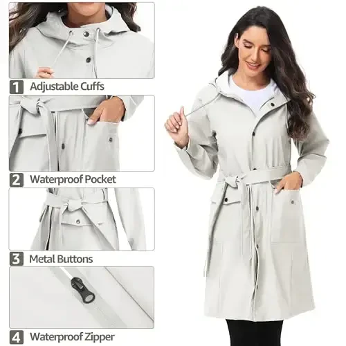 UNIQUEBELLA Rain Jackets for Women Waterproof, Raincoat Long Hooded Rain Coats Outdoor Windbreaker Trench Coat - 5