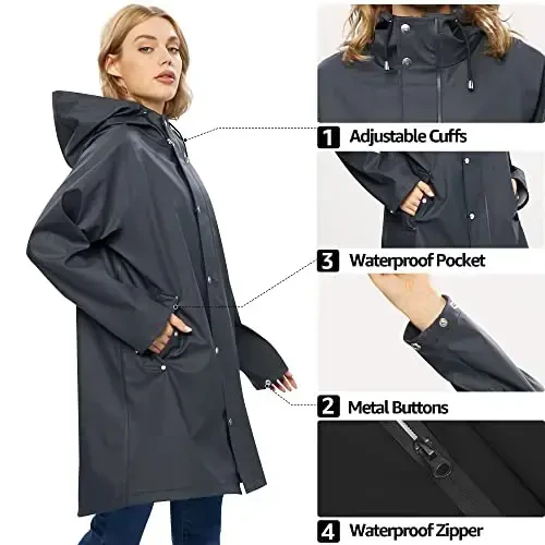 UNIQUEBELLA Rain Jackets for Women Waterproof, Raincoat Long Hooded Rain Coats Outdoor Windbreaker Trench Coat - 4