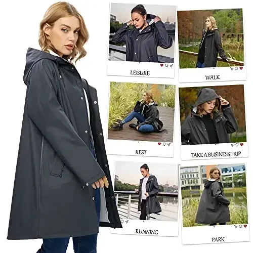 UNIQUEBELLA Rain Jackets for Women Waterproof, Raincoat Long Hooded Rain Coats Outdoor Windbreaker Trench Coat - 5