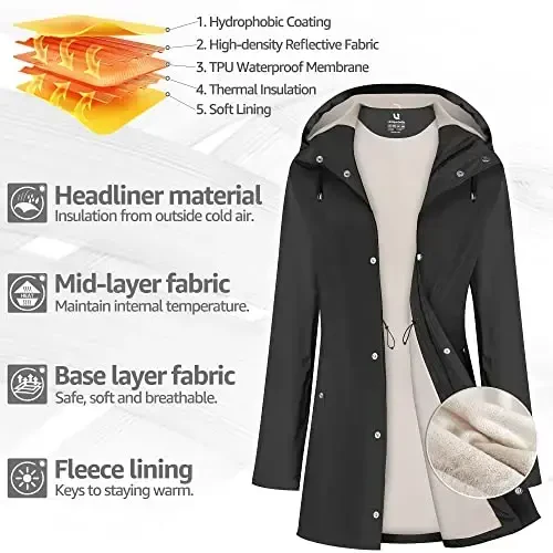 UNIQUEBELLA Rain Jackets for Women Waterproof, Raincoat Long Hooded Rain Coats Outdoor Windbreaker Trench Coat - 3