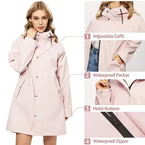 UNIQUEBELLA Rain Jackets for Women Waterproof, Raincoat Long Hooded Rain Coats Outdoor Windbreaker Trench Coat - 4