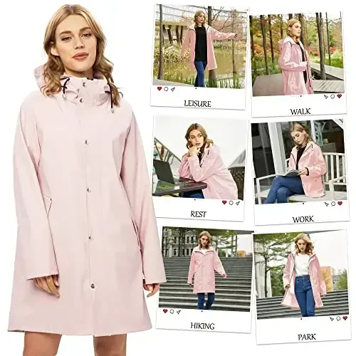UNIQUEBELLA Rain Jackets for Women Waterproof, Raincoat Long Hooded Rain Coats Outdoor Windbreaker Trench Coat - 5