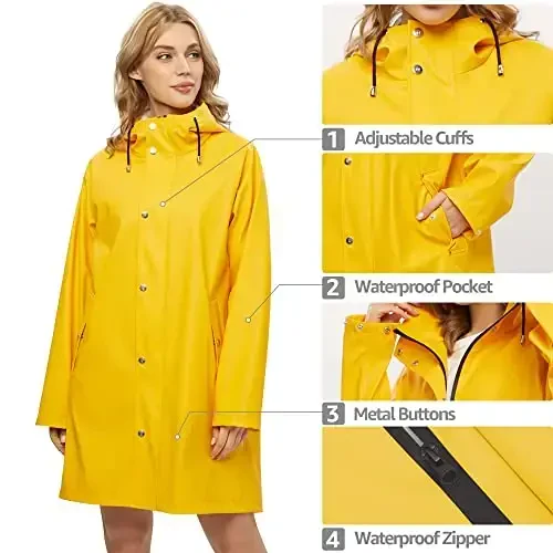 UNIQUEBELLA Rain Jackets for Women Waterproof, Raincoat Long Hooded Rain Coats Outdoor Windbreaker Trench Coat - 4