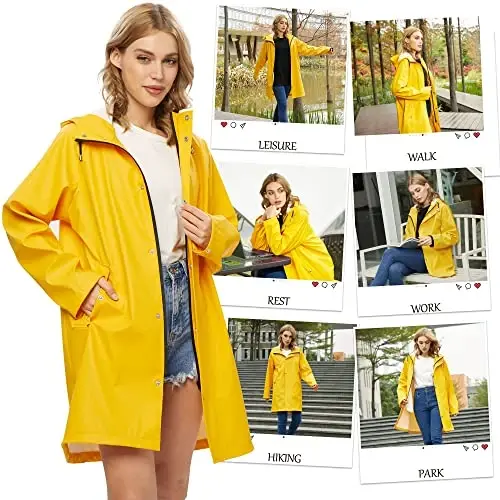 UNIQUEBELLA Rain Jackets for Women Waterproof, Raincoat Long Hooded Rain Coats Outdoor Windbreaker Trench Coat - 5