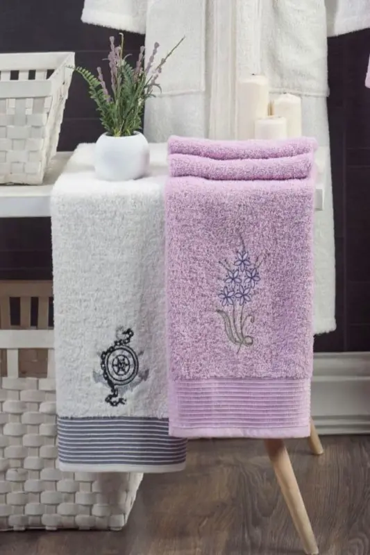 Унисекс 4'lü Bornoz Set Nakışlı Baş Havlulu Çeyiz Seti Hamam Seti Banyo Seti %100 Pamuk-krem - 2