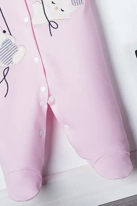 Унисекс Детский Комбинезон с Вышивкой Зайчика 3-6-9 Месяцев Трикотажный Органический Хлопковый Комбинезон с Ножками - РОЗОВЫЙ - 4