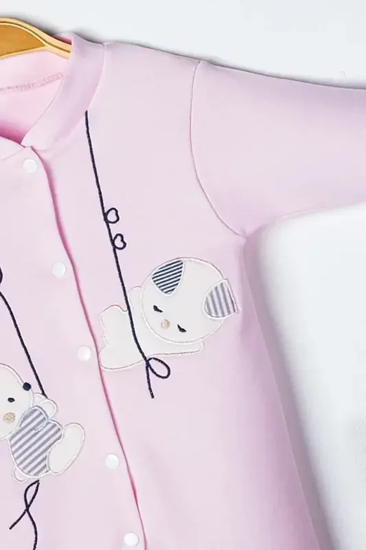 Унисекс Детский Комбинезон с Вышивкой Зайчика 3-6-9 Месяцев Трикотажный Органический Хлопковый Комбинезон с Ножками - РОЗОВЫЙ - 5