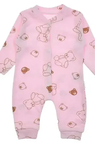 Унисекс Детский Комбинезон в рубчик с принтом мишки, на кнопках, для новорожденных, 100% хлопок, эластичный - РОЗОВЫЙ МИШКА - 3