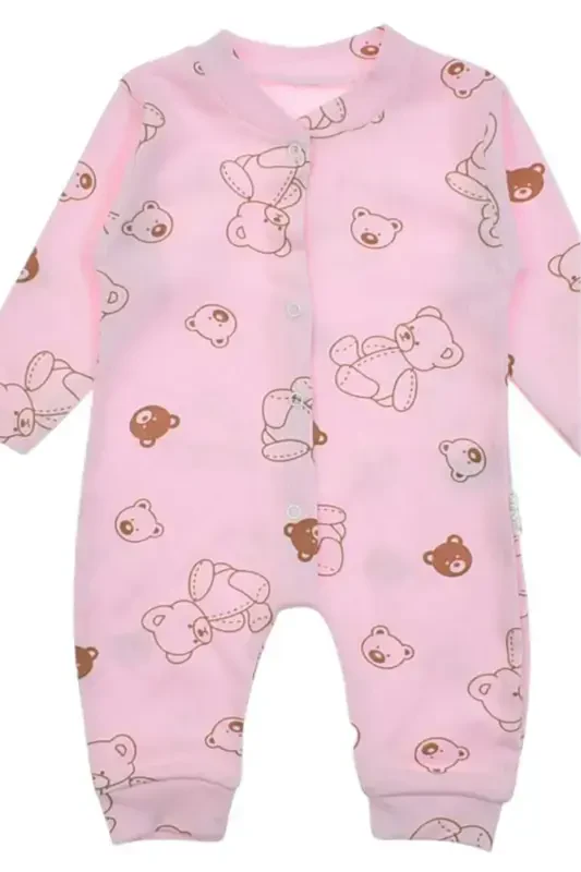 Унисекс Детский Комбинезон в рубчик с принтом мишки, на кнопках, для новорожденных, 100% хлопок, эластичный - РОЗОВЫЙ МИШКА - 3