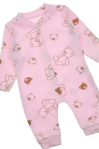 Унисекс Детский Комбинезон в рубчик с принтом мишки, на кнопках, для новорожденных, 100% хлопок, эластичный - РОЗОВЫЙ МИШКА - 4