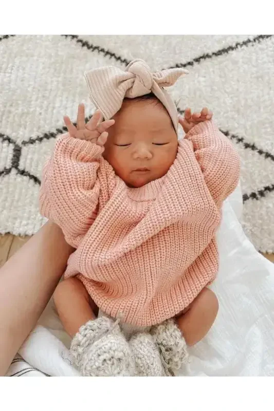 Унисекс Детский Велосипедный Воротник Oversize Трикотажный Свитер 6 Месяцев-5 Лет-Пудра - 2