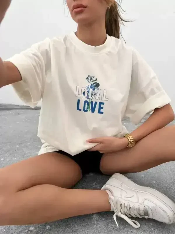 Унисекс Футболка Oversize с Принтом и Круглым Вырезом - Белая - 1