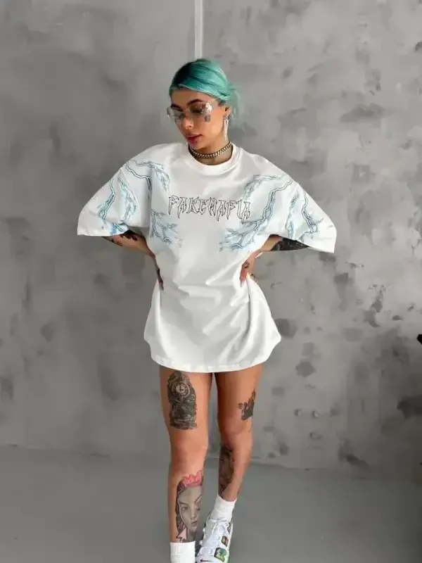 Унисекс Футболка Oversize с Принтом и Круглым Вырезом - Белая - 2