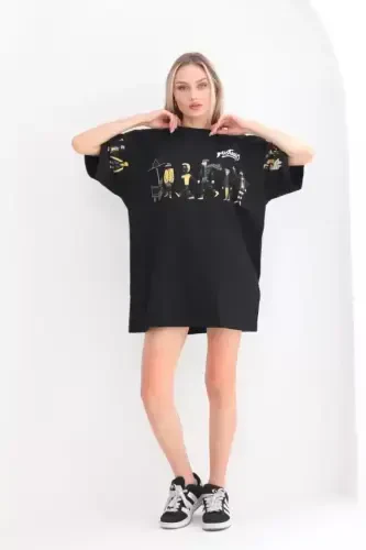 Унисекс Футболка Oversize с Принтом и Круглым Вырезом - Черный - 1