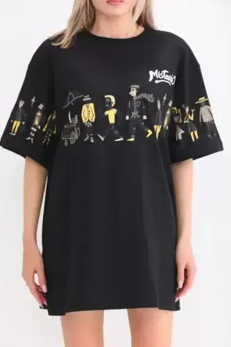 Унисекс Футболка Oversize с Принтом и Круглым Вырезом - Черный - 3